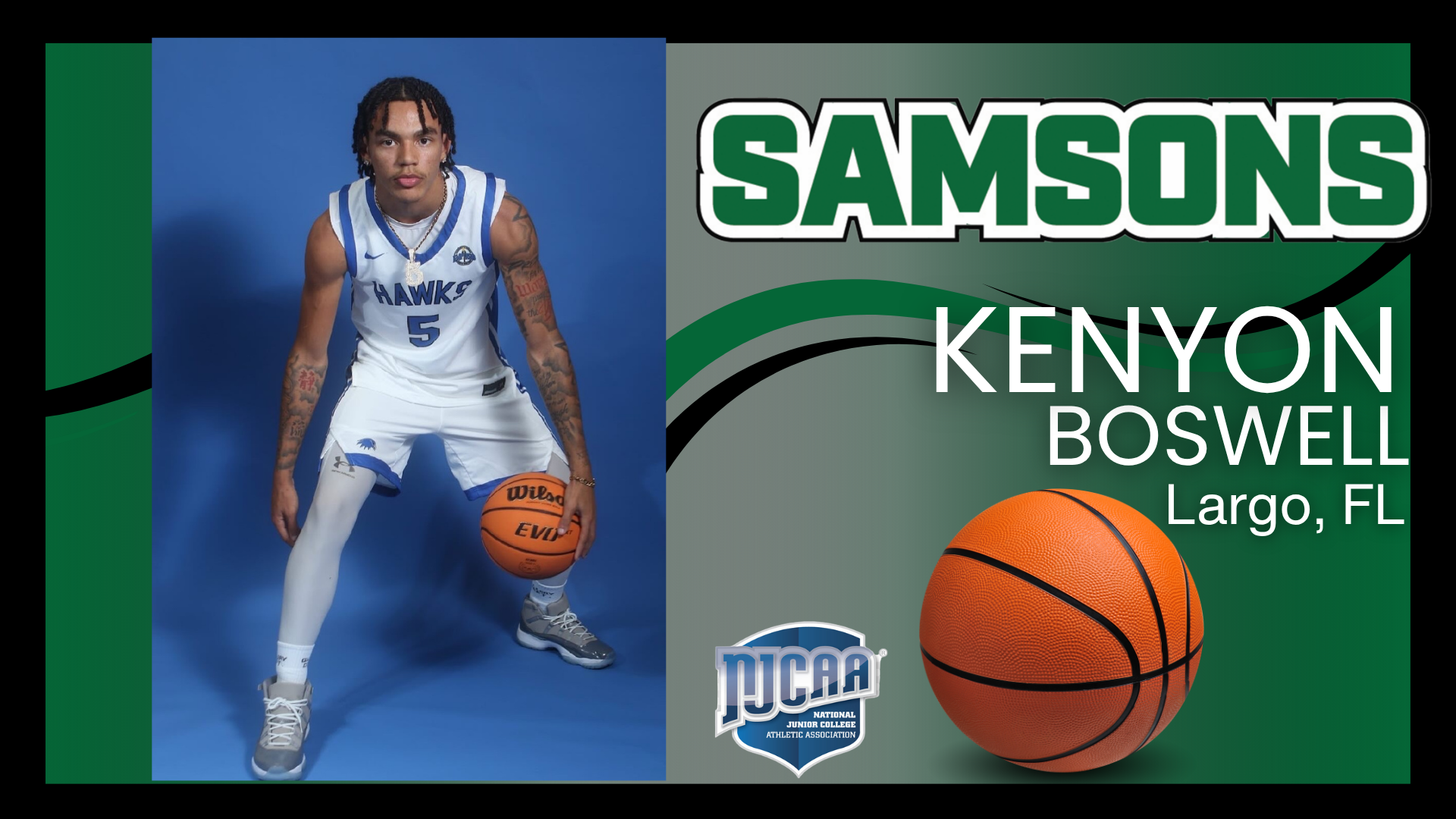 Basketball players wearing a white and blue uniform with the name Kenyon Boswell, Largo, FL