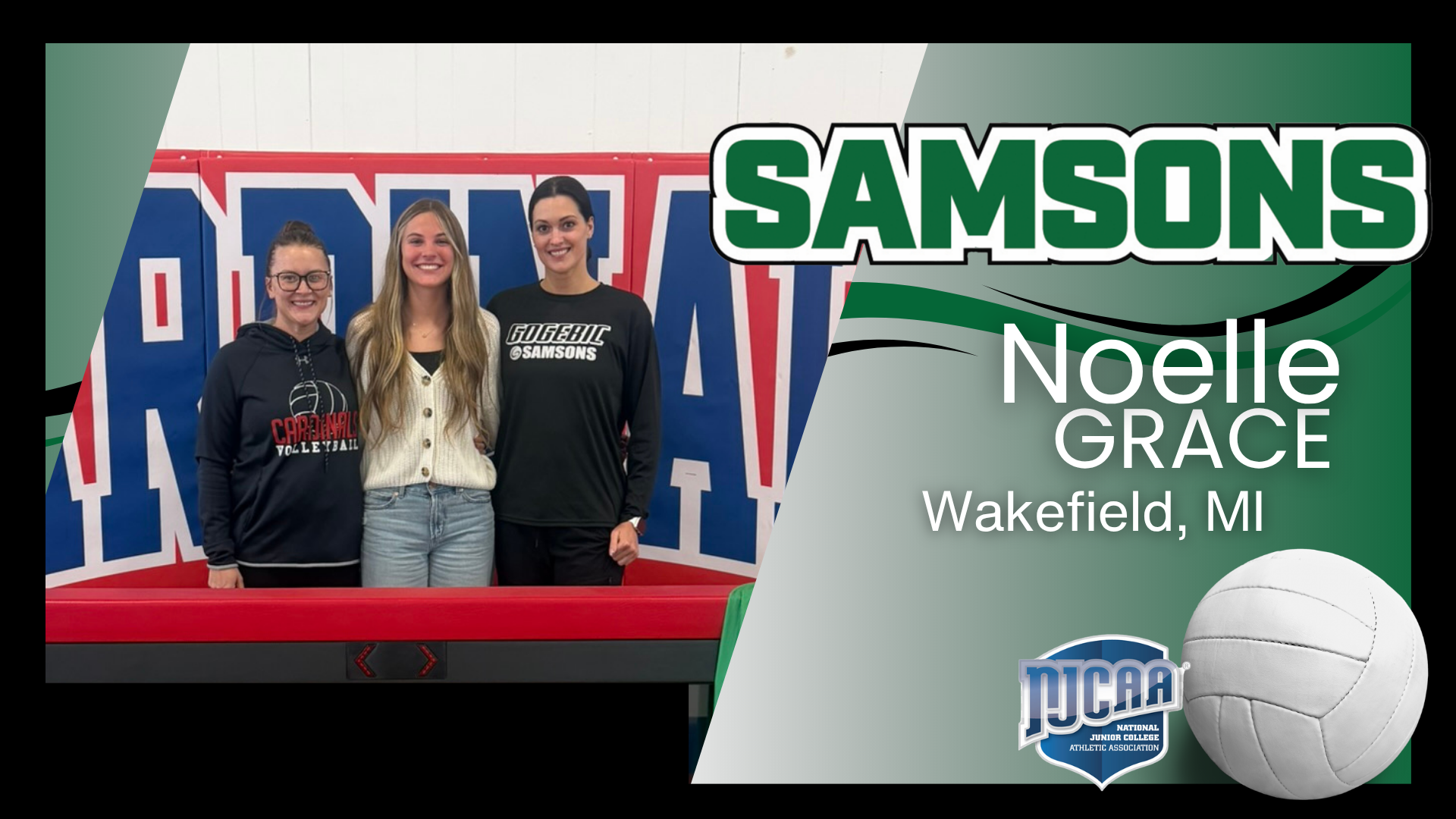 Three women standing behind a table, smiling with graphics around it with the Samsons logo and the name 'Noelle Grace Wakefield, MI".